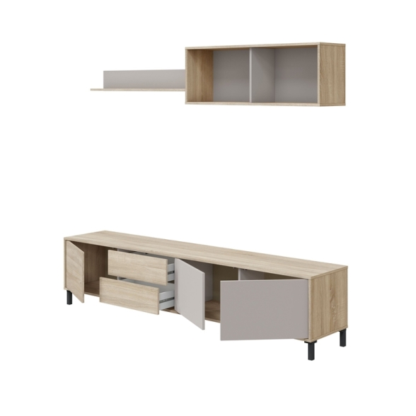 Mobile TV 200 Cm Con Ante Cassetti E Mensole Superiori Nilo Cashmere E Rovere Canadian