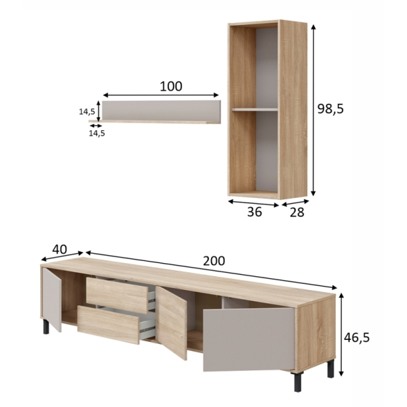 Mobile TV 200 Cm Con Ante Cassetti E Mensole Superiori Nilo Cashmere E Rovere Canadian