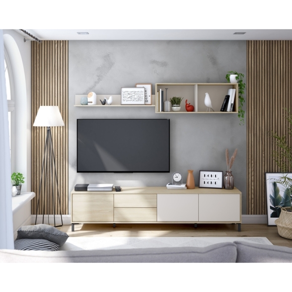 Mobile TV 200 Cm Con Ante Cassetti E Mensole Superiori Nilo Cashmere E Rovere Canadian
