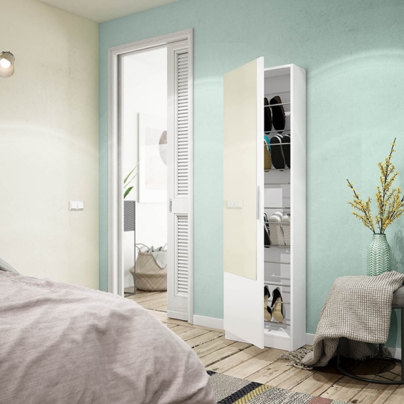 Scarpiera 1 Anta Con Specchio 50x22x180 Cm 16 Paia Kristal Bianco Artik