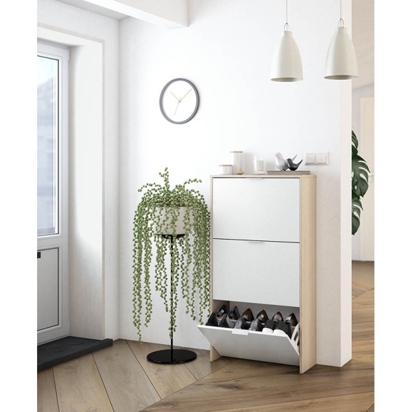 Scarpiera 3 Ante Doppio Scomparto 60x22x113 Cm Salvaspazio 18 Paia Bianco Lucido Rovere
