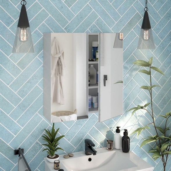 Specchiera Da Bagno 60 Cm 2 Ante Con Ripiani Modulare Bianco Lucido