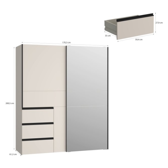 Armadio Guardaroba Scorrevole Con Specchio 3 Cassetti Winn Sabbia