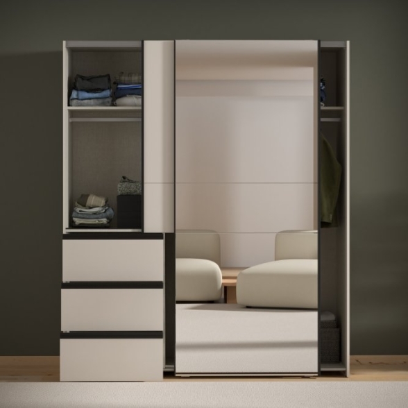 Armadio Guardaroba Scorrevole Con Specchio 3 Cassetti Winn Sabbia