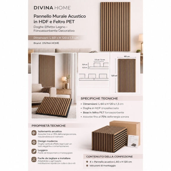 Pannello acustico fonoassorbente in HDF a doghe Set 4 pz 120x60 Noce