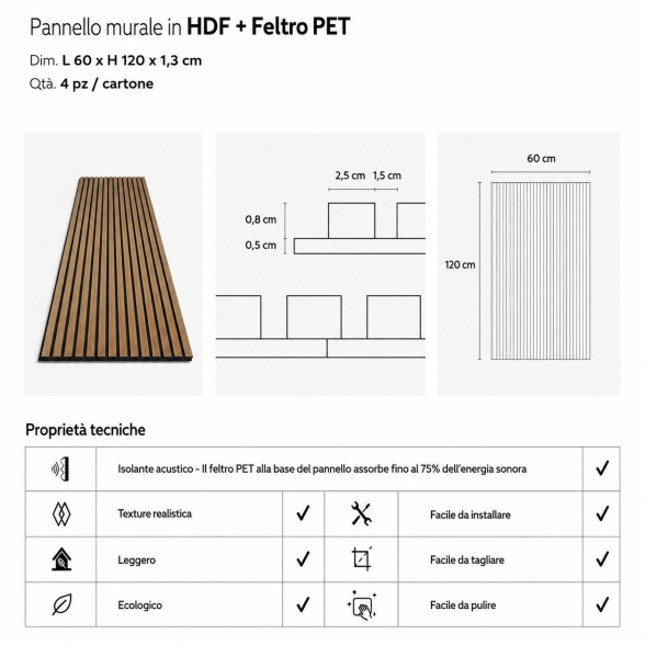 Pannello acustico fonoassorbente in HDF Set 4 pz 120x60 Rovere