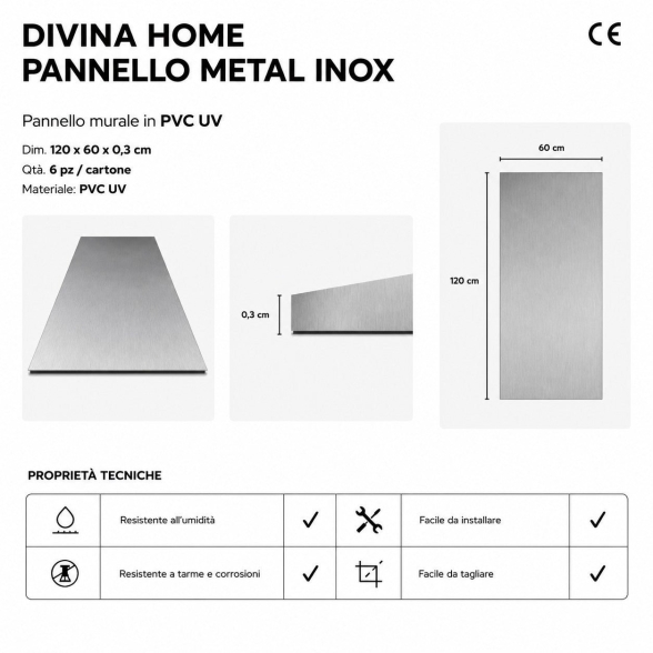 Pannello decorativo Acciaio Inox Set 6 pz 120x60 in PVC UV Ultra Slim