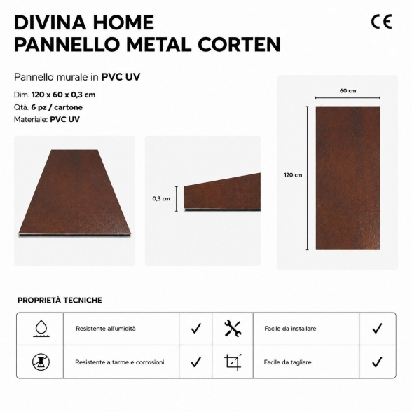 Pannello effetto Ruggine Corten set 6 pz 120x60 in PVC UV Ultra Slim