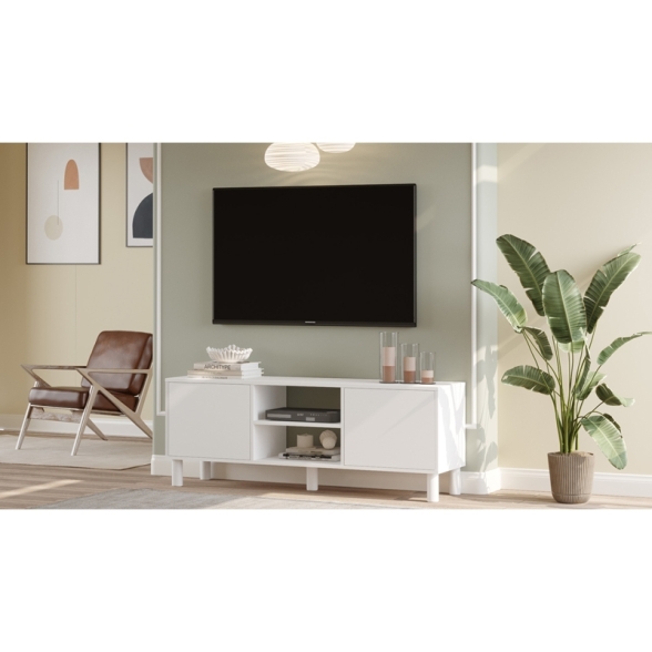 Mobile TV 160x40x60h Con Piedini 2 Ante E Vano Decoder Alessa Bianco Opaco