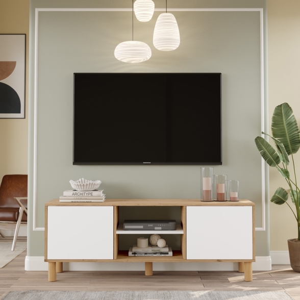 Mobile TV 160x40x60h Con Piedini 2 Ante E Vano Decoder Alessa Rovere E Bianco