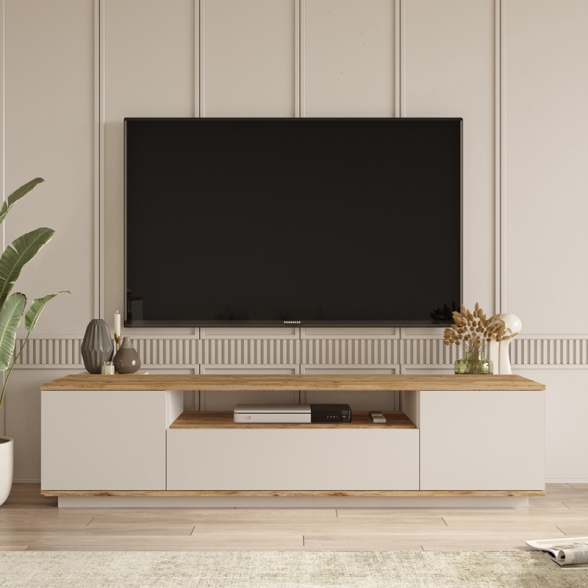 Mobile TV Da Terra 180x45x45 Beige E Rovere Effetto Legno Frame