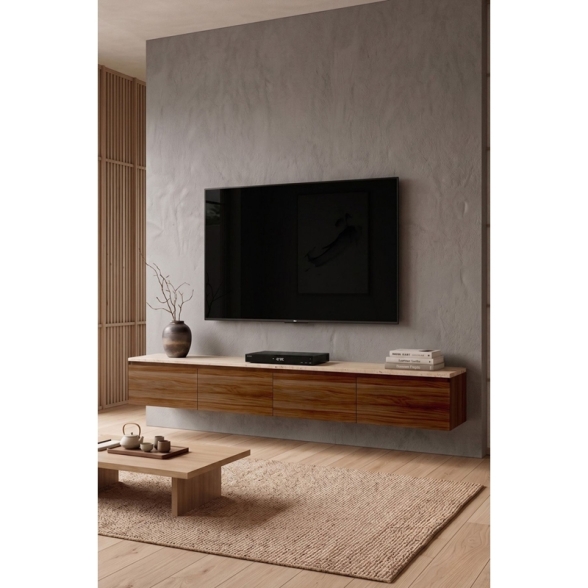 Mobile TV Sospeso 200 Cm A 4 Ante Nicole Effetto Legno Noce E Travertino
