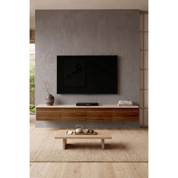 Mobile TV Sospeso 200 Cm A 4 Ante Nicole Effetto Legno Noce E Travertino