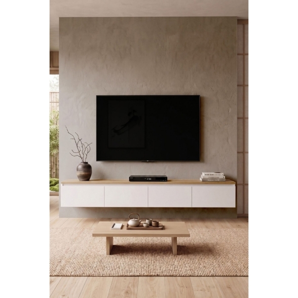 Mobile TV Sospeso 200 Cm A 4 Ante Nicole Effetto Legno Rovere E Bianco