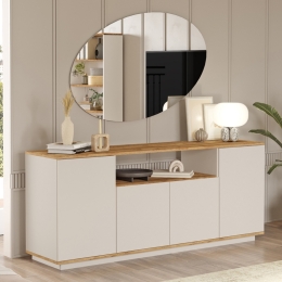 Credenza Moderna 4 Ante 180x45x75 Con Vano A Giorno Beige E Rovere Frame