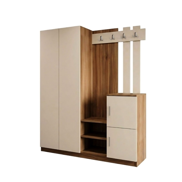 Mobile Da Ingresso Con Scarpiera A 2 Ante Appendiabiti E Vani Noce E Beige