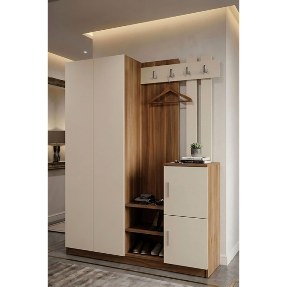 Mobile Da Ingresso Con Scarpiera A 2 Ante Appendiabiti E Vani Noce E Beige