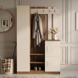 Mobile Ingresso Con Scarpiera Appendiabiti E Armadietto 113x35x180 Noce E Beige Roger