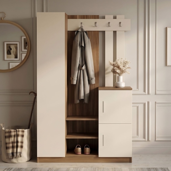 Mobile Ingresso Con Scarpiera Appendiabiti E Armadietto 113x35x180 Noce E Beige Roger