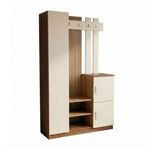 Mobile Ingresso Con Scarpiera Appendiabiti E Armadietto 113x35x180 Noce E Beige Roger