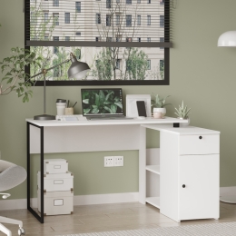 Scrivania Angolare 130x90x75h Con Anta Vani e Cassetto Nora Bianco