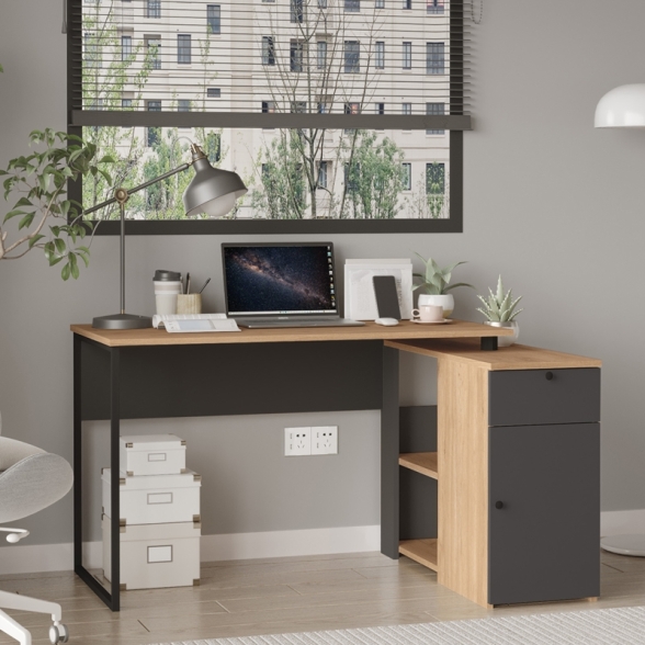 Scrivania Angolare 130x90x75h Con Anta Vani e Cassetto Nora Rovere E Antracite
