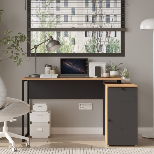 Scrivania Angolare 130x90x75h Con Anta Vani e Cassetto Nora Rovere E Antracite