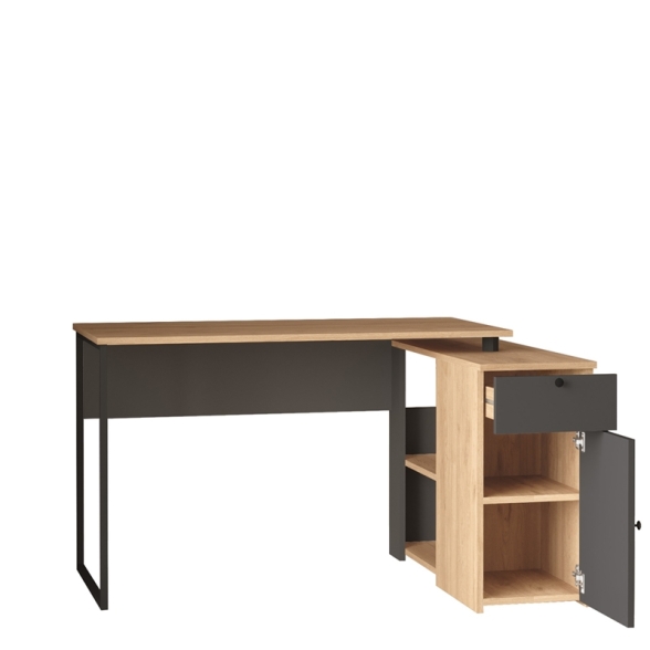 Scrivania Angolare 130x90x75h Con Anta Vani e Cassetto Nora Rovere E Antracite