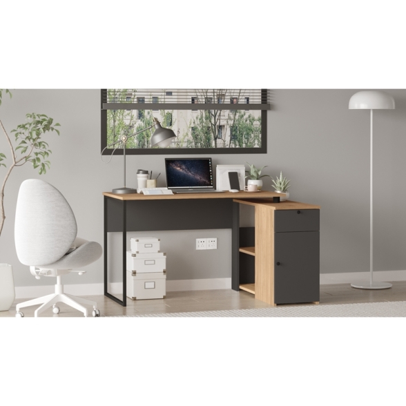 Scrivania Angolare 130x90x75h Con Anta Vani e Cassetto Nora Rovere E Antracite