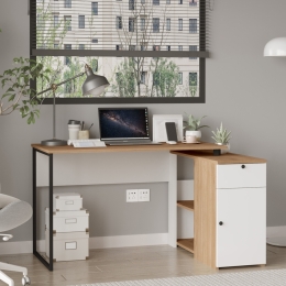 Scrivania Angolare 130x90x75h Con Anta Vani e Cassetto Nora Rovere E Bianco