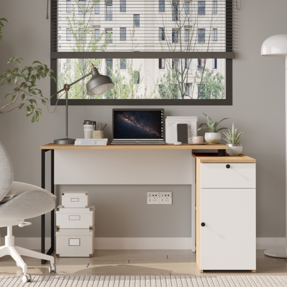 Scrivania Angolare 130x90x75h Con Anta Vani e Cassetto Nora Rovere E Bianco
