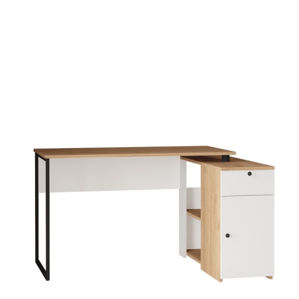 Scrivania Angolare 130x90x75h Con Anta Vani e Cassetto Nora Rovere E Bianco