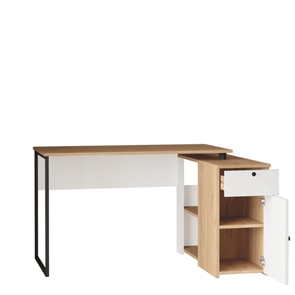 Scrivania Angolare 130x90x75h Con Anta Vani e Cassetto Nora Rovere E Bianco