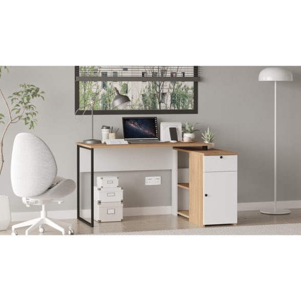 Scrivania Angolare 130x90x75h Con Anta Vani e Cassetto Nora Rovere E Bianco