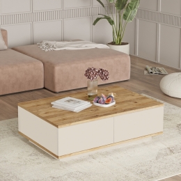 Tavolino Basso Da Salotto 90x60x28 Con Vani Interni Beige E Rovere Frame