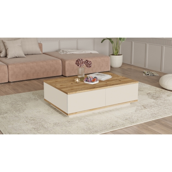 Tavolino Basso Da Salotto 90x60x28 Con Vani Interni Beige E Rovere Frame