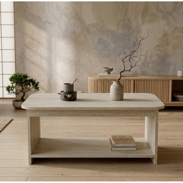 Tavolino Da Salotto 100x50x42h Con Ripiano Chebo Effetto Travertino