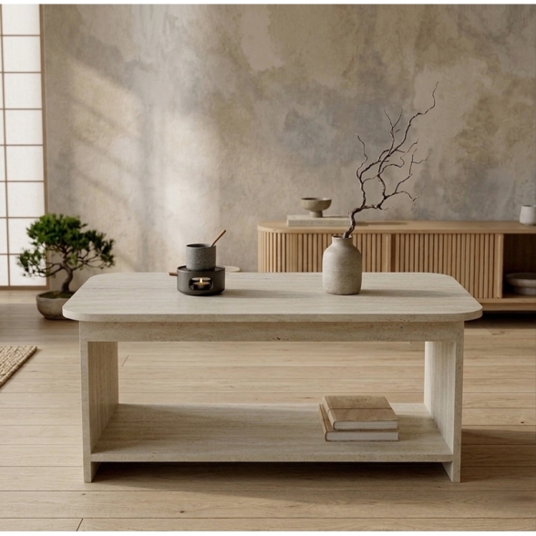 Tavolino Da Salotto 100x50x42h Con Ripiano Chebo Effetto Travertino
