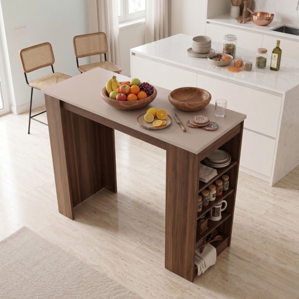 Tavolo Da Cucina Alto Con Ripiani Laterali 120x52x102H Clark Noce E Beige