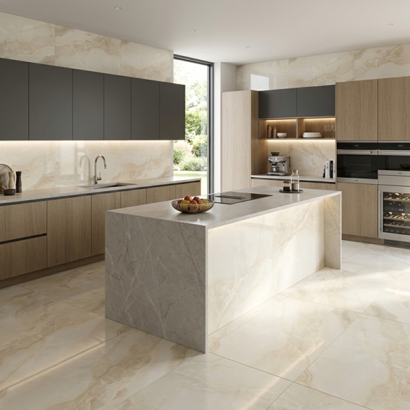 Piastrelle 60x120 Effetto Alabastro In Gres Porcellanato Eterea Beige Lucide