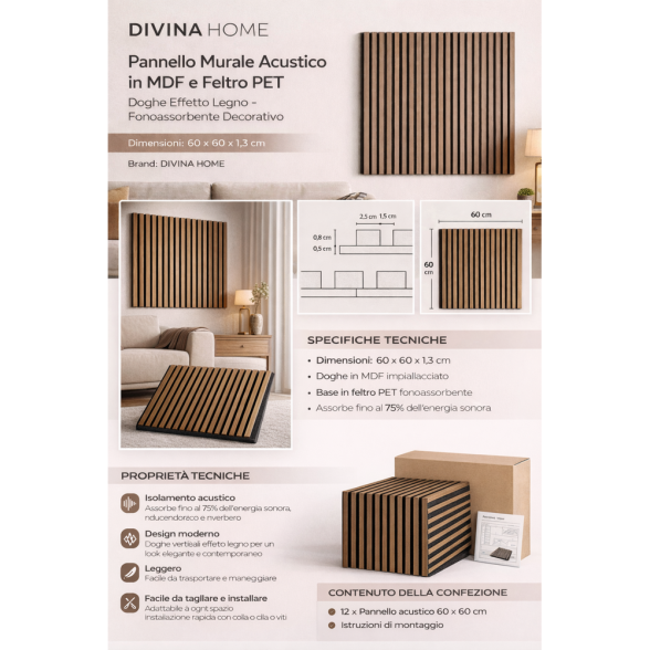 Pannelli Acustici MDF e Feltro PET Teak 12 pz | Divina Home