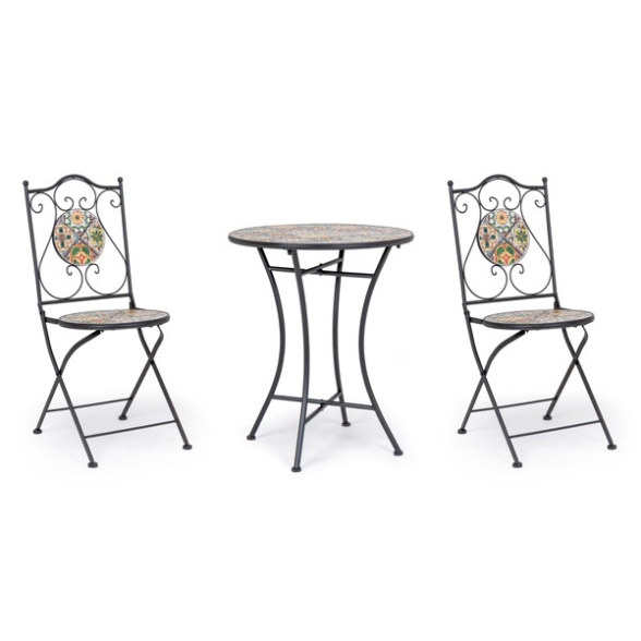 Set bistrot da arredo esterno tavolino 60 cm e sedie pieghevoli effetto maiolica Naxos Bizzotto