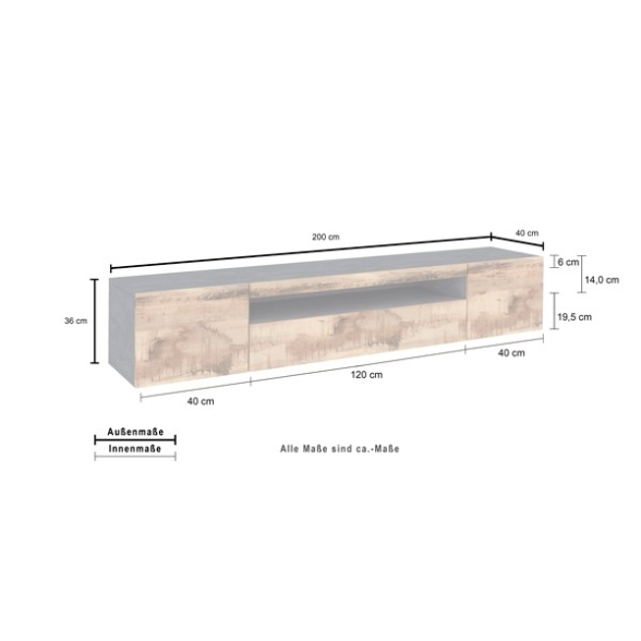 Mobile Porta TV Basso 200 Cm 3 Ante Ardesia/Legno Daiquiri