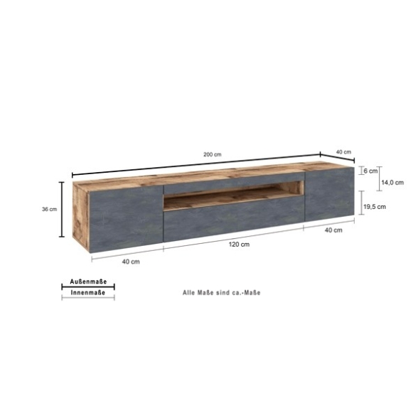 Mobile Porta TV Basso 200 Cm 3 Ante Ardesia/Pero Daiquiri