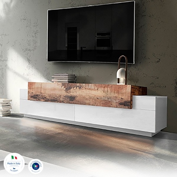 Mobile Porta TV 200 Cm Con 3 Ante Bianco Lucido E Legno Pero Corona