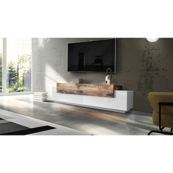 Mobile Porta TV 200 Cm Con 3 Ante Bianco Lucido E Legno Pero Corona