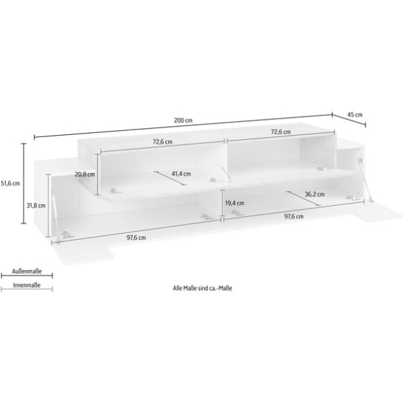 Mobile Porta TV 200 Cm Con 3 Ante Bianco Lucido E Cemento Corona