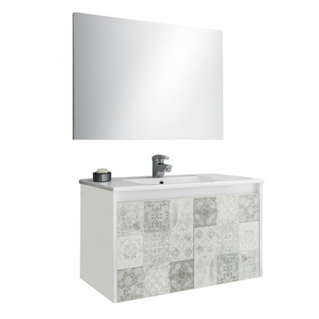 Mobile bagno sospeso 80 cm 2 ante con lavabo specchio e colonna mosaico grigio