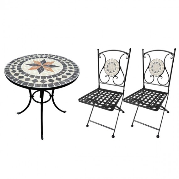 Set tavolo rotondo 60 cm in mosaico Capri + 2 sedie pieghevoli in