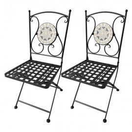 Set tavolo rotondo 60 cm in mosaico di ceramica + 2 sedie pieghevoli in acciaio